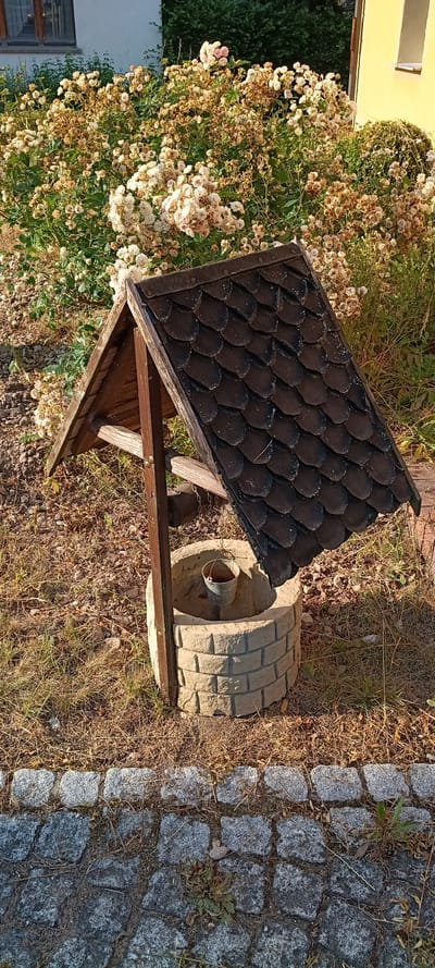 A rustic well sits outdoors, surrounded by dry grass and cobblestone pavement. The well has a wooden frame with a dark, shingle-covered roof, and a stone wheel next to it. A metal bucket is hanging inside the well structure. In the background, a bush with small white flowers and greenery is visible, along with a portion of a yellow building. The scene is bathed in the warm light of late afternoon sun, casting long shadows. The location appears to be a garden or courtyard area in Wachenroth, Germany. The overall atmosphere is peaceful and serene. There is no visible text in the image.