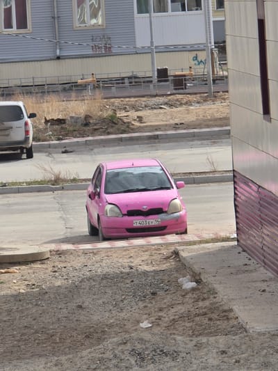 The image depicts a street scene in Lensk, Russia. A pink subcompact car is parked on the side of a road. The license plate of the car reads "T403EY 14." Adjacent to the road is a sidewalk and an unpaved area with gravel and sparse vegetation. In the background, there are buildings constructed with light-colored siding.