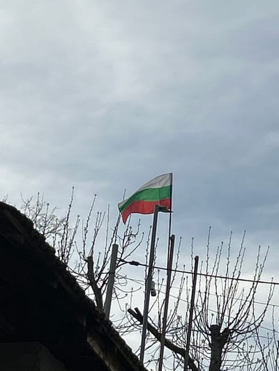 The image shows the Bulgarian flag hanging from a structure near a building's roof in Bukovlak, Bulgaria. The sky is overcast. Bare branches are visible in the foreground.