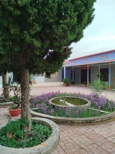 The image depicts an outdoor courtyard or plaza in Đại Ninh, Vietnam. The foreground features a raised, circular concrete planter with a tree growing inside, surrounded by leafy green plants. Behind it, there is a circular concrete pond filled with water and edged with vibrant purple flowers. The ground is paved with interlocking red bricks.
In the background, there is a one-story building with a blue façade, red roof, and a covered porch supported by columns. The building has a sign with Vietnamese script on it. There are no people visible in the image. The sky is overcast.