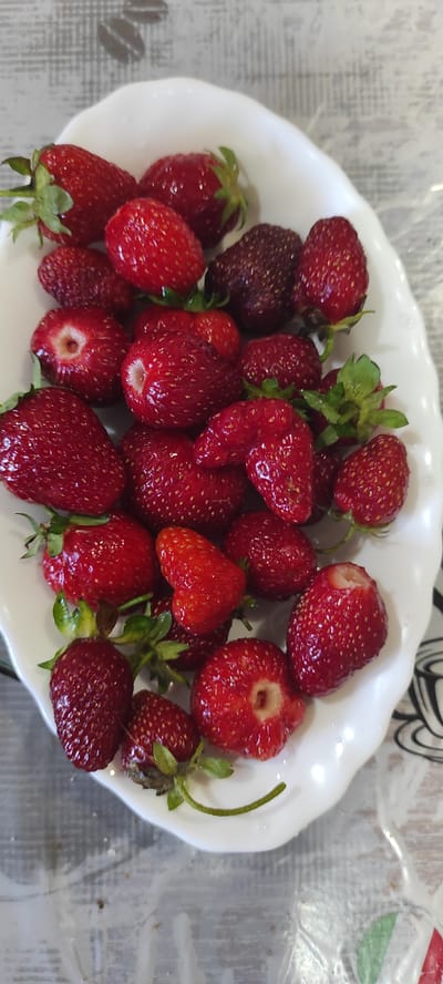 A white, fluted bowl overflowing with fresh strawberries sits on a table with a grey, patterned surface. The strawberries are a mix of vibrant red and a few darker, more mature ones. Some have their green stems and leaves attached, while others have been hulled. The lighting suggests an indoor setting, possibly a kitchen or dining area. The image was captured in Kobeliachok, Ukraine.