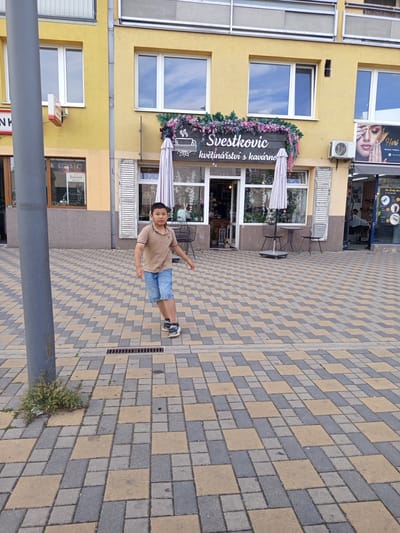 This detailed image captures a street scene on Generála Klapálka 1651, Kladno, Czechia, featuring commercial establishments and a pedestrian.

In the foreground, a young boy of East Asian descent, approximately 8-10 years old, walks towards the right side of the frame while looking directly at the camera. He is wearing a light brown polo shirt, blue denim shorts, and dark sneakers with white soles. His left foot is slightly raised, suggesting mid-stride.

The background consists of yellow-painted multi-story buildings housing ground-floor shops. The central establishment, "Svestkovic květinářství s kavárnou" (Svestkovic florist with a cafe), features a large dark wooden sign adorned with pink artificial flowers and green foliage. Its open entrance reveals an interior filled with plants. Two folded white outdoor umbrellas, a small round table, and two black metal chairs are positioned on the sidewalk in front of the cafe. To the left, a portion of another shop is visible, displaying a sign in its window that reads "1454 Bakalář dobré pivo." (Bakalář good beer). To the right of the cafe, the "Hari ManiKúra - Pedikúra" beauty salon has a black awning and a sign with a prominent image of a woman and the phone number "+420 778 599 000". An air conditioning unit is mounted above this sign. Inside the salon, a person draped in a white smock is partially visible from the back.

The wide sidewalk is paved with a repeating geometric pattern of interlocking grey, dark grey, and light beige/yellow pavers. A grey metal pole, possibly a lamppost, stands on the far left, with a small cluster of green vegetation growing at its base. A rectangular metal storm drain grate is embedded in the sidewalk in the lower middle section of the image. The sky, partially reflected in the building windows, appears clear and blue.