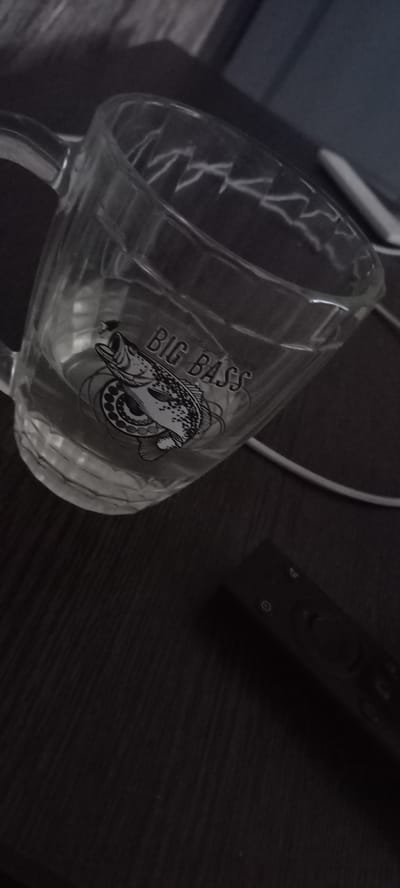 A clear glass mug filled with clear liquid is placed on a dark wooden surface. The mug has a handle and features a black and white graphic of a fish with the words "BIG BASS" printed next to it. A white cable runs along the surface, behind the mug. In the lower right portion of the image, a dark remote control is visible. The lighting is dim, and the background is out of focus, suggesting an indoor setting. The image does not contain any identifiable landmarks or clues that would suggest a specific location in Menzelinsk, Russia.