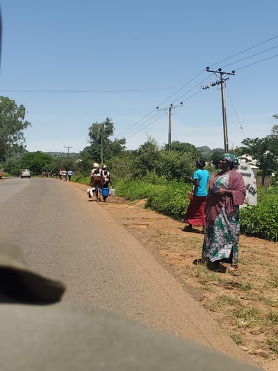 A group of people, mostly women and children, walk along a dusty road under a bright blue sky. In the foreground, a woman in a green and white patterned dress with a maroon shawl stands facing right, holding a blue object. Behind her, a younger woman in a blue shirt and red skirt walks away from the camera. To their left, a group of women and children are walking towards the camera, some carrying buckets and bundles. A white van is visible in the distance on the left side of the road. Telephone poles with wires are scattered along the roadside. The environment is rural, with dry grass and scattered trees visible on the sides of the road. There is no visible indication that this scene is in the city of Kerang, Nigeria.