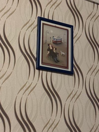 A framed picture hangs on a patterned wall. The picture, set in a blue and white frame, depicts a woman in black seated in a chair. A red and white structure, possibly a building or vehicle, is visible in the background, along with a small white animal, likely a dog or cat. Linear elements, resembling fishing rods or street lamps, add further detail to the scene. The wallpaper features horizontal wavy lines in beige and brown, creating a textured backdrop.