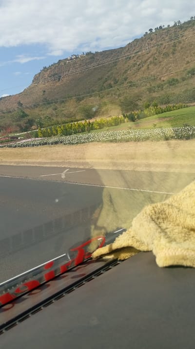 A mountain rises in the background, dotted with vegetation and topped with what appears to be a small structure or buildings. In the foreground, a road with white markings runs parallel to a grassy area featuring rows of white flowers and trees. A car's dashboard is visible at the bottom of the frame, with a red object and a beige cloth resting on it. The image appears to be taken through a car windshield.