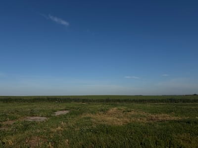 The image depicts a wide, flat landscape under a clear blue sky with a few wispy clouds. In the foreground, there is an area of overgrown grass and some scattered concrete debris. A faint, uneven path runs through the grass. Beyond this, a fence line runs horizontally across the image, separating the foreground from a vast, cultivated green field that stretches to the horizon. The field appears to be a crop, possibly for agricultural purposes. The overall impression is one of rural openness, with no buildings or prominent features visible within the frame, except for the fence and the distant horizon. The scene is likely located in the outskirts of Ves', Russia, given the typical flat topography and agricultural land often found in such regions.