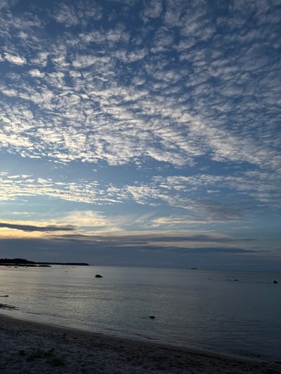The image depicts a serene coastal scene at dusk in Rohuneeme, Estonia. The foreground features a sandy beach with sparse vegetation. The water, appearing calm and dark, gently laps at the shore. Several large rocks are scattered along the coastline and in the shallow water. In the distance, the land stretches across the horizon, with a dense line of trees visible on the left. The sky is a prominent element, dominated by a vast expanse of blue with scattered, textured white clouds that form intricate patterns. The lower portion of the sky shows a gradient of lighter blues and soft hues of orange and yellow, indicating the fading sunlight. A faint silhouette of a ship can be observed on the water in the mid-distance. The overall atmosphere is peaceful and tranquil, characteristic of a coastal evening.