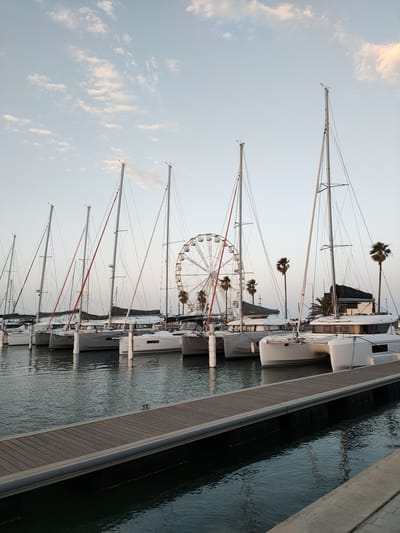 A marina in Canet-en-Roussillon, France, features a row of docked sailboats and catamarans, with tall masts dominating the skyline. In the background, a Ferris wheel is visible, along with palm trees and buildings. The sky is a pale blue with scattered white clouds. The water in the marina is calm and reflects the masts and the sky. A wooden walkway runs along the foreground, extending into the water. No people are visible in the scene. The overall atmosphere is serene and peaceful, likely captured during the golden hour before sunset.