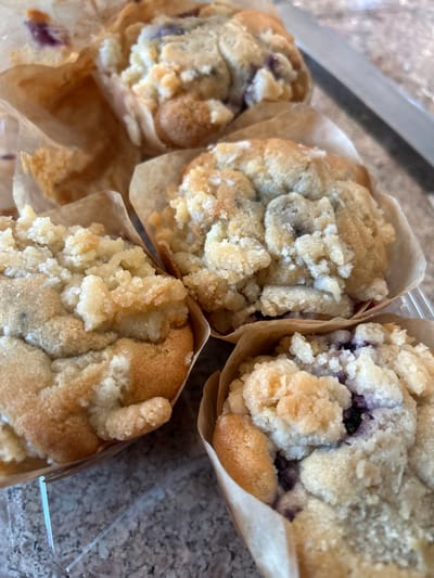 The image displays five blueberry crumble muffins, each presented in a light brown fluted paper liner. The muffins feature a granular, golden-brown crumble topping and reveal distinct dark purple blueberries embedded within their baked structure. They are positioned on a speckled, light-toned surface, consistent with a countertop. A clear plastic container, holding some of the muffins, is partially visible in the lower left foreground. In the upper right background, a blurred metallic utensil is discernible. No individuals are present, and no actions or interactions are depicted. The scene is an indoor environment. The specific location within Thousand Oaks, United States, is not discernible from the visual information provided.