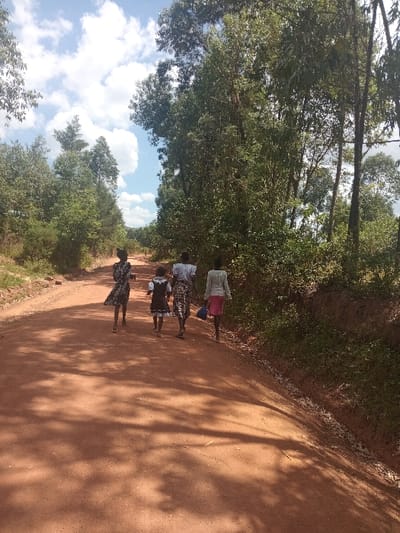 An unpaved reddish-brown road lined with lush green trees leads the viewer's eye through a rural landscape. Patches of blue sky peek through the dense foliage. A small group of people walks along the road. The scene evokes a sense of rural life and the natural beauty of the countryside.