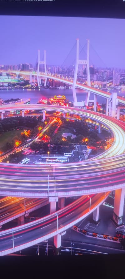 The image depicts a nighttime aerial view of a complex highway interchange in a major city, characterized by extensive light trails from moving vehicles, suggesting a long exposure photograph. The cityscape in the background is illuminated with numerous lights, and a large suspension bridge with multiple cables spans across a body of water. There are no people visible in the image. The environment is urban, with a focus on infrastructure and the dynamic movement of traffic.
The claim that this image is located in Svitlovodsk, Ukraine, is not supported by the visual evidence. The scale and architectural style of the bridge and the surrounding urban development are inconsistent with Svitlovodsk. The presence of a large suspension bridge and a dense, well-lit urban skyline suggests a much larger, more globally recognized city, possibly in East Asia given the characters on the bridge's pylon.