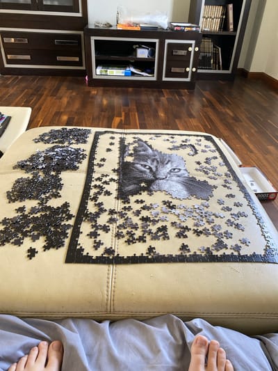 A partially assembled 1000-piece jigsaw puzzle depicting a cat is displayed on a beige leather sofa. The puzzle has a completed border and a section of the cat's face. Loose puzzle pieces are scattered on the sofa's surface. A puzzle box with the visible text "1000 PUZZLE" sits near the puzzle. The feet of a person are visible on the right edge of the sofa, covered by a gray sheet or blanket. A dark brown wooden cabinet with silver accents is visible in the background. The wooden floor behind the cabinet suggests a residential interior. The location of the scene is Villaviciosa, Spain, based on the user's request.