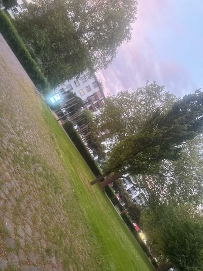 The image shows a park setting in Solingen, Germany. The ground is paved with stone blocks interspersed with patches of grass. A green lawn stretches to the right of the paved area, lined with trees and bushes. In the background, multi-story residential buildings are visible. A illuminated signpost stands near a bicycle rack. The sky is a pale blue with hints of pink.