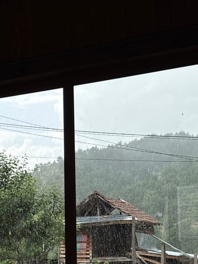 The media file presents a view through a window, looking out onto a rainy, rural landscape. The image appears to have been captured in a landscape orientation and then rotated, showing a dark window frame dividing the scene. The left and bottom edges of the frame reveal dark wooden interior panels.
The window pane itself is covered in numerous water droplets, indicating that it is either raining heavily or has recently rained. Beyond the window, a vibrant green, treed landscape extends under an overcast sky. Several dark, thin power lines or cables traverse the upper-middle section of the outdoor view.
To the right, a rustic, possibly dilapidated, wooden building with a corrugated metal roof is partially visible. The structure appears weathered, with exposed wooden beams and an open framework. In the distance, behind this structure and the power lines, dense green trees cover a hillside. Closer to the viewer, in the lower right section of the window, more lush green foliage is visible. The sky is bright but cloudy, and a very small, dark, indistinct object (possibly a bird or insect) is faintly visible in the upper left of the sky.
The scene captures a moment of observing the outdoors from the comfort of an interior space during inclement weather. The setting suggests a rural environment, consistent with the provided location of Polena, Bulgaria. No visible text is present in the image.