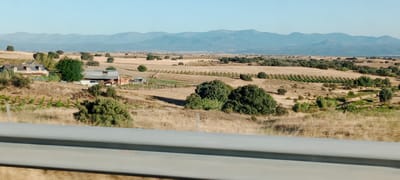 A horizontal, medium shot captures a rural landscape under a clear, pale blue sky, likely in the vicinity of Santa Cruz del Retamar, Spain. In the foreground, a grey, metallic barrier runs across the bottom of the frame, suggesting the viewpoint is from a vehicle or elevated roadside structure. The middle ground reveals a sprawling estate with buildings and agricultural fields. A large, multi-gabled house with white-trimmed windows and dormers is situated on a slight incline, surrounded by greenery. To its right, a long, shed-like structure with a corrugated roof appears to be a barn or agricultural building. Adjacent to the house, rows of young grapevines are visible, supported by wooden stakes. Beyond this, vast fields of dry, straw-colored grass stretch into the distance, punctuated by scattered clumps of green trees and shrubs. Further back, more fields are organized in long, parallel rows, indicative of cultivation, possibly vineyards or crops. The background is dominated by a range of distant, hazy mountains, their peaks softened by atmospheric perspective. The overall impression is one of a serene, sun-drenched rural setting, characterized by open land, scattered vegetation, and distant mountain ranges. There are no people visible in the image.