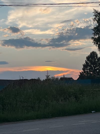 A rural sunset is depicted, with a vast sky dominating the upper portion of the frame. Clouds are scattered across the sky, some tinged with the warm orange and yellow hues of the setting sun. A horizontal band of bright orange light stretches across the middle of the image, marking the sunset. In the foreground, a dense growth of tall green grass and vegetation covers the ground, obscuring much of the lower landscape. Silhouetted against the sunset are the rooftops of several buildings, some with chimneys. A tall, dark evergreen tree stands on the right side of the frame, partially obscuring the sky. The scene appears to be a tranquil, undeveloped area, possibly on the outskirts of Ludorvay, Russia. The road in the very bottom of the image suggests a location alongside a rural road.