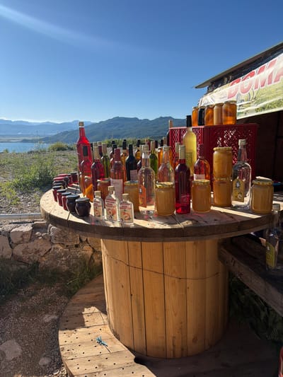 In Ponikvica, Montenegro, an outdoor market stall displays an assortment of bottled beverages and jars of preserves. The stall is set up on a large, wooden spool, with a stone wall and dry vegetation in the foreground. In the background, a body of water and rolling, green hills under a clear blue sky suggest a rural or coastal setting. Sunlight casts long shadows, indicating it is likely late afternoon.
The table is laden with numerous bottles of various shapes and sizes, containing liquids of different colors, from clear to deep red. Many of these appear to be alcoholic beverages, such as wine and spirits, judging by their labels and bottle designs. Several small glass jars filled with golden-colored preserves, likely honey or fruit preserves, are also present. Some jars have labels with images of fruit, possibly indicating the flavor. A red plastic crate is visible behind some of the bottles, holding more jars.
The overall impression is that of a local vendor selling homemade or artisanal products in a picturesque, natural setting. No people are visible in the frame. The scene is static and peaceful, with a focus on the products and the surrounding landscape.