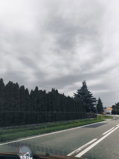 The image is a vertical, low-angle shot of a road curving to the right in Krubin, Poland. The sky is overcast with heavy, dark clouds. A dense row of dark green evergreen trees lines the left side of the road, with a single, taller evergreen tree standing out in the middle ground. To the right of the road, there are houses with orange roofs visible in the distance, and a yellow car is parked on the side of the road. The road itself is paved and has white lane markings. The foreground shows the interior of a vehicle, with part of the dashboard visible and a circular sticker with white lettering on the windshield. The overall impression is one of a cloudy, possibly autumnal day, viewed from a moving vehicle.