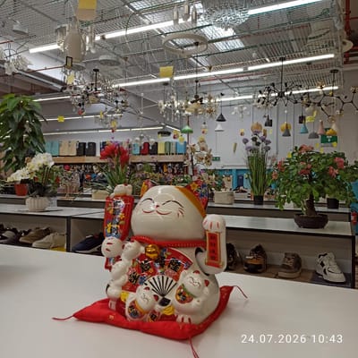 In Modugno, Italy, a ceramic Maneki-neko figurine is displayed on a white surface. The figurine is white with various colorful decorations and is adorned with multiple smaller cat figures and a fan. It sits on a red cushion with red tassels. Behind the figurine, a variety of items are visible on shelves, including shoes and plants. The background reveals a retail environment, likely a store, with numerous chandeliers and light fixtures hanging from the ceiling. The date and time stamp "24.07.2026 10:43" is present in the lower right corner of the image.