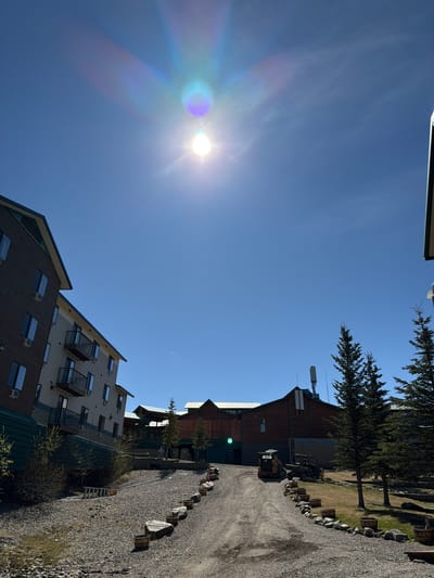 The image, taken in Denali Park, United States, captures a bright, sunny outdoor scene oriented sideways. A clear blue sky dominates the left side of the frame, with the sun brightly visible in the mid-left, producing a strong lens flare with rainbow hues.

The scene features two distinct buildings. In the lower portion of the image, a multi-story building with a modern design, including a distinctive angular roofline, is prominent. It has numerous windows and what appear to be small balconies or ventilation units. Further to the right and occupying the upper portion of the frame, is a darker, likely wooden building, possibly a lodge, with a more traditional pitched roof. Several communication antennas or similar equipment are mounted on its roof.

A gravel path or road, lined with large rocks and wooden barrels on one side, winds from the mid-right towards the bottom of the image. Next to the darker building, on this path, are parked a small yellow skid-steer loader and another utility vehicle, suggesting ongoing work or maintenance. Pine trees are visible, particularly near the darker building and extending from the upper edge of the frame. Patches of grass and other low-lying bushes are scattered throughout the ground areas. A long ladder is also visible lying on the ground between the two buildings.

No people are present in the image, and no visible text is discernible. The bright sun and clear sky suggest a pleasant day, likely midday or early afternoon. The overall impression is of a quiet, scenic area within a natural park setting.