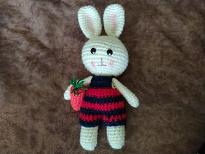 A crocheted stuffed bunny toy with black button eyes, pink blushing cheeks, and a sewn mouth is standing upright against a brown, textured background. The bunny is wearing a dark blue top with red and dark blue striped shorts. In its left hand, it holds a small, crocheted red strawberry with green leaves. The overall setting is a close-up indoor shot with no identifiable landmarks or context related to the city of Shaki, Azerbaijan.