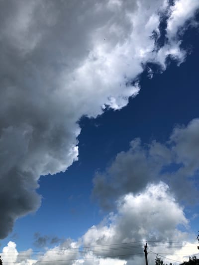 The image is a photograph of the sky above Staroe Istomino, Russia. The sky is a deep blue with a variety of clouds. On the left side of the image, there are large, dark gray clouds that appear to be heavy with rain. These clouds are contrasted by bright white, fluffy clouds on the right side of the image, with scattered patches of blue sky visible. In the lower part of the image, there are some trees and utility poles with wires running between them, suggesting a semi-urban or rural environment. The lighting suggests it is daytime, with the sun possibly behind the clouds.