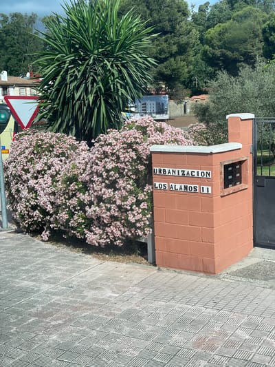 The image shows a brick structure with signage reading "URBANIZACION LOS ALAMOS II". The structure appears to be a planter or part of a building entrance, possibly a mailbox or community notice board, with a small window on its front. It is situated outdoors on a paved walkway. Lush pink flowering bushes and a spiky green plant surround the base of the brick structure, suggesting a well-maintained outdoor area. In the background, trees and a building are visible, indicating a residential or semi-urban setting. The lighting suggests it is daytime, and the weather appears clear. The scene is peaceful and focuses on the signage and surrounding flora. The visible text identifies the location as "URBANIZACION LOS ALAMOS II", which translates to "Los Alamos II Urbanization".