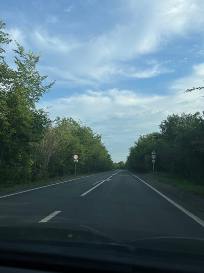 The image depicts a two-lane asphalt road bordered by dense green trees on both sides. The sky above is blue with scattered white clouds. Two road signs are visible on the right side of the road, and one on the left. The sign on the left is round with a red border and a horizontal bar across it, indicating a prohibition. The signs on the right appear to be a triangular warning sign followed by a round sign with a red border and a horizontal bar, also indicating a prohibition. The perspective suggests the photo was taken from inside a vehicle driving on the road. There are no people or animals visible in the scene. The environment appears to be rural or a highway with heavy tree cover.