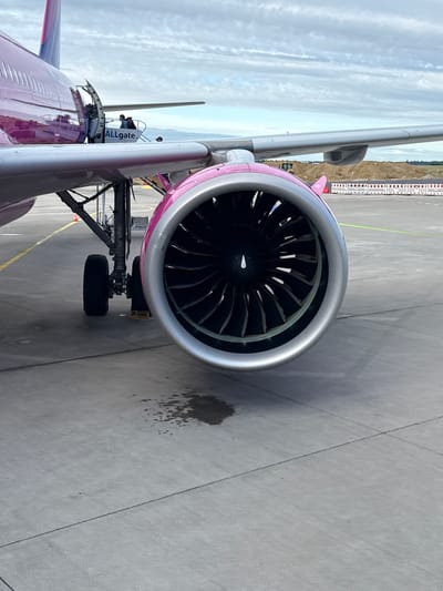 An exterior, medium shot captures the engine of a Wizz Air airplane parked on the tarmac at the Allgäu Airport (EDMA) in Memmingen, Germany, which is near Künersberg. The engine, with its distinctive pink accents, is prominent in the foreground. Its fan blades are visible within the nacelle. To the left, a portion of the aircraft's fuselage, painted in Wizz Air's signature purple, is visible. A set of stairs leads up to an open aircraft door, where a few passengers are seen disembarking or boarding. The ground beneath the aircraft is concrete, with some damp patches. In the background, there is a construction site with piles of earth and temporary fencing, along with distant hills under a cloudy sky.