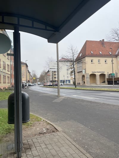 The image captures an overcast daytime street scene in Schweinfurt, Germany, viewed from the perspective of a bus stop. The photograph is taken from behind a gray bus stop shelter, whose roof and support structure are visible in the foreground on the left. A black, cylindrical trash can is positioned next to the shelter on the right.

Beyond the bus stop, a gray brick sidewalk borders a strip of grass and a wet asphalt road, suggesting recent rain or damp weather. The road stretches into the distance, lined with parked and moving vehicles, including a white van visible further down the street.

Across the street, a row of multi-story buildings forms the backdrop. A notable light-colored building with a red tiled roof, numerous windows, and two arched ground-floor entrances is prominent. A sign on this building clearly reads "Heimstätte Werkswohnungen" (Homestead Works Housing). Other buildings with various architectural styles line the street. Bare trees, indicative of late autumn, winter, or early spring, are interspersed along the street and between the buildings.

The sky is uniformly overcast, casting a soft, diffuse light over the entire scene. There are no people clearly visible, and the scene depicts a quiet, everyday urban environment.