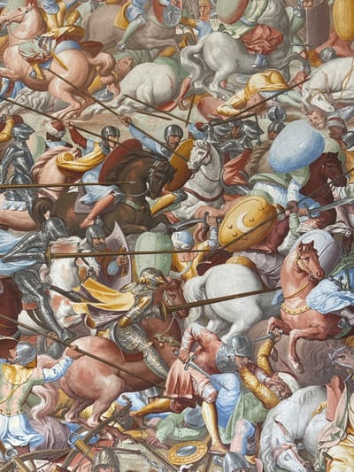 This is a section of a fresco painting depicting a chaotic battle scene on horseback. Numerous figures, both human and equine, are tightly packed together, suggesting a fierce and overwhelming conflict. The people are depicted in a variety of armor and clothing, some wearing elaborate metal suits and helmets, while others are clad in tunics and head coverings. They are engaged in combat, wielding swords, daggers, and lances. Horses are also shown in various states of distress and action, with some appearing to fall or be wounded.

The scene is rendered in rich, vibrant colors, with prominent use of reds, browns, golds, and blues. The details suggest a historical or mythological setting, with an emphasis on the physicality and violence of warfare. There are no overt indications of the time of day or weather, and the setting is abstract, focusing solely on the action. The overall mood is one of intense struggle and disarray, with a sense of urgency and desperation conveyed through the contorted bodies and aggressive postures of the combatants. No visible text is present in the image.