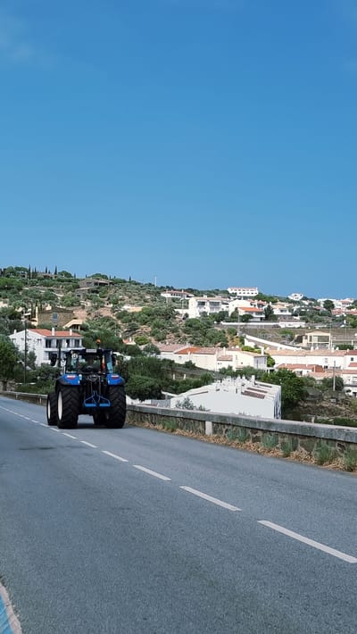 The image shows a blue tractor driving on a paved road that curves to the right. The road has white lane markings. To the left of the road, a hillside is covered with olive trees and dotted with white buildings, characteristic of a Mediterranean village. The buildings have red-tiled roofs and appear to be houses or villas. The sky is clear and blue, suggesting a sunny day. The tractor is viewed from behind and slightly to the side, revealing its large rear tires and a blue cab. The scene is set in a hilly coastal area, consistent with the location context of Cadaqués, Spain. There is no visible text in the image. The time of day appears to be late afternoon or early evening, given the angle of the sunlight which creates some shadows. The overall impression is a rural, picturesque setting.