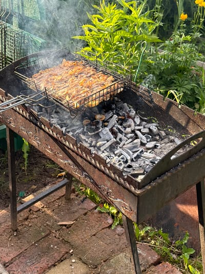 The image shows a charcoal grill in an outdoor setting, possibly in the city of Koliushevo, Russia. The grill is filled with hot coals and burning wood, with smoke rising from it. A metal grate is placed over the coals, holding a large quantity of raw meat, likely skewers of chicken or pork, being grilled. The surrounding environment consists of green foliage, including leafy plants and yellow flowers, suggesting a garden or backyard. The ground is covered with reddish-brown bricks and dirt. A green mesh fencing is visible in the background. The scene captures a moment of outdoor cooking, with the focus on the grilling process.