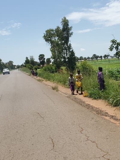 The image depicts a rural scene in Mangu, Nigeria, with a paved road running through a landscape of lush green fields and trees under a clear blue sky with scattered white clouds. Three children are walking along the side of the road, on a dirt path next to the pavement. The child closest to the camera is wearing a purple skirt and a grey top. Next to them is a child in a yellow shirt and shorts, carrying a yellow bag. Another child further up the road is wearing a purple garment. In the distance, a white car is driving away from the camera on the road. The presence of crops suggests an agricultural setting, and the clear sky indicates it is daytime, likely sunny. The children appear to be walking together, possibly going somewhere or returning home. The overall impression is one of everyday life in a rural African environment.
