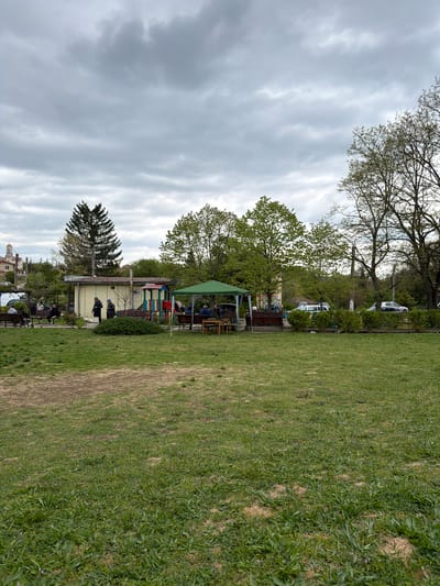 The image shows a park scene in Dulevo, Bulgaria. A grassy area dominates the right side, transitioning to a building with a green roof structure. Adjacent to the building is a playground with colorful equipment. People are visible near the building and under the green roof structure. In the background, trees partially obscure a glimpse of what appears to be cars. The sky is overcast.