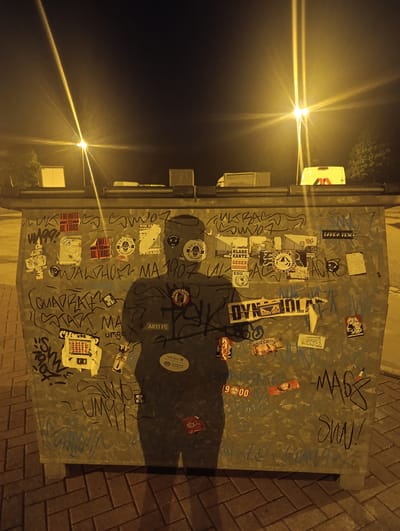 This image shows a large, graffiti-covered dumpster at night, illuminated by bright streetlights. The dumpster is located on a paved surface, likely a sidewalk or street, with cobblestone patterns visible. The dumpster is adorned with numerous stickers and spray-painted tags. A shadowy figure is partially visible, silhouetted against the dumpster, suggesting someone is standing in front of it. The background reveals a dark night sky with the glare of streetlights, and hints of trees and structures in the distance. The overall scene appears to be an urban outdoor environment. The provided crop hints suggest the dumpster is in Taltitz, Germany.