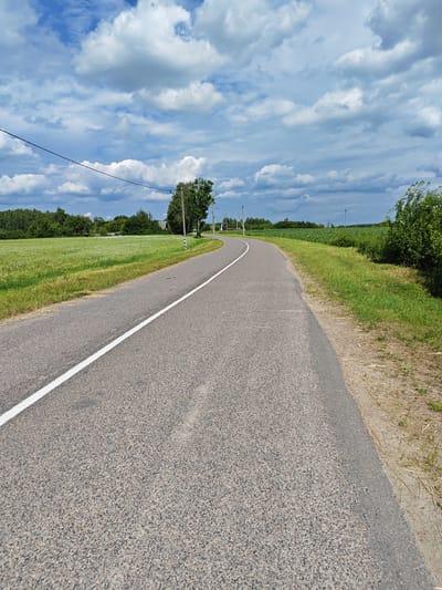 A wide-angle, low-angle shot captures an asphalt road with a white line running along its left edge, curving to the right as it recedes into the distance. The road is bordered by lush green grass and fields on both sides, with a line of trees forming a dark green horizon. The sky is a dramatic expanse of blue, dotted with large, fluffy white clouds and darker, heavier clouds, suggesting an impending change in weather. A single black electrical wire stretches diagonally across the upper portion of the frame, supported by utility poles visible in the mid-ground. In the distance, there are faint indications of rural structures amidst the greenery. The scene appears to be located in a rural area of Ленінскі сельскі Савет, Belarus, characterized by open fields and a seemingly quiet, remote atmosphere. There are no people or vehicles visible in the image.