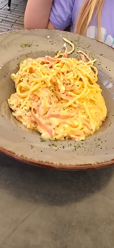 A close-up, overhead shot shows a plate of spaghetti with ham, a creamy sauce, and chopped herbs. The plate is gray with a textured rim and is set on a dark gray surface. In the background, a person in a purple shirt is visible, with their arms resting on the table. The scene appears to be outdoors, possibly at a restaurant in Haren (Ems), Germany, as indicated by the context. The lighting is natural and soft, creating a slightly diffused effect.