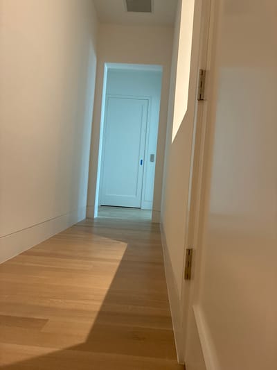 The image shows a hallway in a residential interior. The hallway has white walls, a light-colored wood floor, and a white door at the end. There are door hinges visible on the right side of the frame. A shadow is cast across the floor from the left. The scene appears to be well-lit and the environment is clean and modern. The location is the city of Dallas, United States of America.