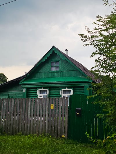 The image shows a traditional wooden house, painted green, with a pitched roof and a single visible chimney. The house has two windows on the upper level and two on the lower level, all with white frames and curtains. A wooden fence, partially grey and weathered, stands in front of the house, with a section of a newer, brighter green fence to the right. A black mailbox is attached to the green fence. Lush green grass and foliage surround the property, with a tree branch obscuring part of the right side of the image. The sky is overcast with grey clouds. The house is identified as being located in Ulitkino, Russia.