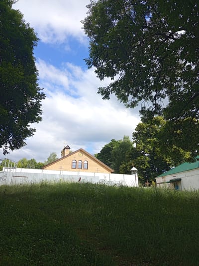 An outdoor, daytime, eye-level shot captures a church with a yellow brick facade and a golden cross atop its dome. The church is partially obscured by lush green trees framing the top of the image, and a white metal fence runs across the middle ground. In the foreground, a dense field of tall green grass, interspersed with small white flowers, dominates the lower half of the frame. The sky above is a bright blue with scattered white clouds. To the right, a white building with a green roof is visible behind the fence. The scene appears to be set in a rural or semi-rural area, possibly a monastery or a church complex, in the city of Giaginskaya, Russia. No people are visible in the image.