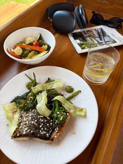 A close-up shot features a white plate with a piece of fish, topped with chopped nuts and served with green vegetables, including broccolini, asparagus, and bok choy ribbons. To the left, a white bowl contains a medley of roasted vegetables such as carrots, cauliflower, broccoli, and zucchini. In the background, a glass of sparkling water with lemon slices sits next to a brochure for "Azaro Spa." A pair of black headphones and black sunglasses rest on a wooden surface, suggesting a relaxed setting. The overall scene is set on a wooden tray. The lighting indicates it's daytime, possibly outdoors given the hint of greenery visible in the upper left corner. The composition implies a light meal or snack, possibly enjoyed during a break or while relaxing.