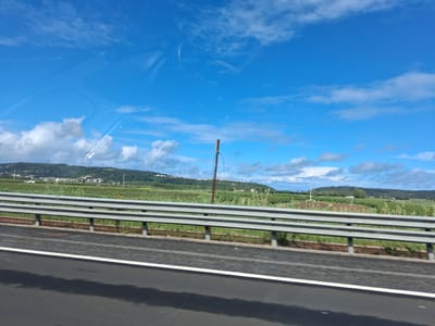 The image shows a view from a vehicle moving along a highway near Alcobaça, Portugal. The foreground features a black asphalt road with a white dividing line, and a gray metal guardrail. Beyond the guardrail, a green field stretches towards a distant hillside dotted with buildings, suggesting a settlement. The sky is blue with scattered white clouds. A tall, thin pole is visible in the middle distance of the field. The image appears to be taken through a window, with some reflections visible.