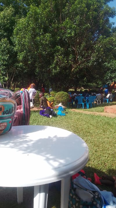 This image depicts an outdoor gathering within the Siaya Township ward, Kenya. The foreground is dominated by a white, round plastic table, its surface marked by tree shadows. On the table's left edge rests a metal container adorned with cartoon animal motifs, including a lion and monkey, with the word "ROAR" visible. In the lower right, a red shoe and a section of a polka-dotted bag are visible on the grass.
In the mid-ground, a person with distinctive multi-colored braided hair (pink, blue, purple strands) is partially seated on the left. Centrally, a child wearing a dark shirt and sunglasses is seated on the green grass, with a purple fabric item and other scattered clothing and objects beside them. Behind this seated child, another individual wearing a white jersey with the number "15" on its back is standing. Further right and extending into the background, a group of people, mainly children, are seated at tables furnished with bright blue plastic chairs. Other indistinct figures are present further back.
The environment features a manicured green lawn, numerous large, leafy trees providing shade, and small, trimmed bushes. Bright daylight illuminates the scene, and a reddish-brown earthen area is visible in the right mid-ground.