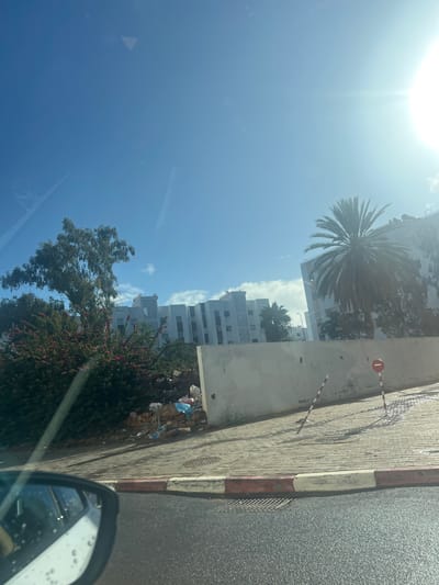 The image depicts an outdoor daytime scene in Skhirat, Morocco, captured from inside a vehicle. A bright blue sky with scattered white clouds dominates the upper portion, with strong sunlight originating from the upper right, casting distinct shadows across the scene. The foreground consists of a dark, wet asphalt road, a red and white striped curb, and a light-colored paved sidewalk with a visible storm drain grate. The vehicle's passenger side mirror is partially visible in the lower left.
In the middle ground, a low, light-colored concrete wall extends horizontally. Behind this wall, a dense area of vegetation includes a large bush with small pink flowers and several taller trees. Adjacent to the vegetation, a significant accumulation of trash, including plastic bags and miscellaneous debris, is visible on the ground behind the wall. On the sidewalk in front of the wall, a red and white striped pole leans diagonally, and a red circular "no entry" sign on a pole stands upright.
The background features multiple multi-story residential buildings, primarily white or light-colored, exhibiting modern architectural elements such as balconies and roof structures. These buildings are interspersed with trees, notably a prominent palm tree on the right side of the frame. No individuals are present in the scene.