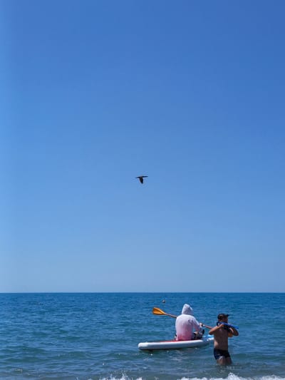Two individuals are in the water near the coast. A person wearing a white hooded sweatshirt is seated on a paddleboard, holding an orange paddle. Another person, a child wearing swim trunks, is standing in the water beside the paddleboard and appears to be holding a snorkel mask. A bird is flying in the clear blue sky above the water. The scene is set against a backdrop of a calm, blue ocean and a bright blue sky, typical of a sunny day in Krinitsa, Russia.