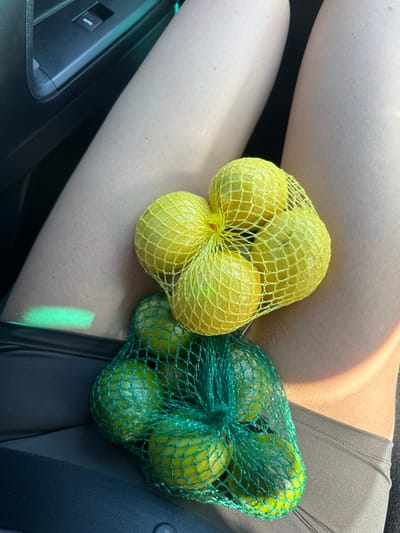 A view from a car shows two mesh bags of citrus fruit resting on a person's lap. The bag on the left contains bright yellow lemons, while the bag on the right is filled with green limes. The person is wearing dark gray shorts and the interior of the car is visible around the edges. Light shines across the scene, creating highlights on the fruit and legs.