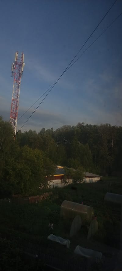 The image depicts a rural scene, likely in Kudymkar, Russia, during what appears to be late afternoon or early evening given the soft lighting. A tall, red and white cell tower stands prominently on the left side of the frame, reaching towards a clear blue sky. Two dark power lines stretch diagonally across the upper portion of the image, obscuring the sky.
Below the tower, a dense forest borders the scene. In the middle ground, a long, low building with a red and white exterior and a yellow roof is visible, partially obscured by trees. Further in the foreground, a garden area is seen with several greenhouse structures, some covered with translucent material. A single person, dressed in dark clothing, is visible in the garden, appearing to be tending to the plants or working in the area. The overall atmosphere is peaceful and somewhat rural, with a focus on the interplay between man-made structures and the natural environment. There is no visible text in the image.