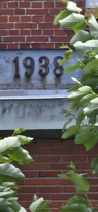 The image shows the number "1938" mounted on a weathered metal plaque attached to a brick wall. The plaque is blue-grey and shows signs of peeling paint. The numbers are dark, ornate, and appear to be made of metal. Lush green leaves from a plant partially obscure the plaque and the brickwork. The brick wall is red and laid in a stretcher bond pattern. Below the plaque is a silver-colored metal gutter or trim. The scene is an outdoor view, suggesting it could be the facade of a building. The location is not specified in the image or the provided context.
